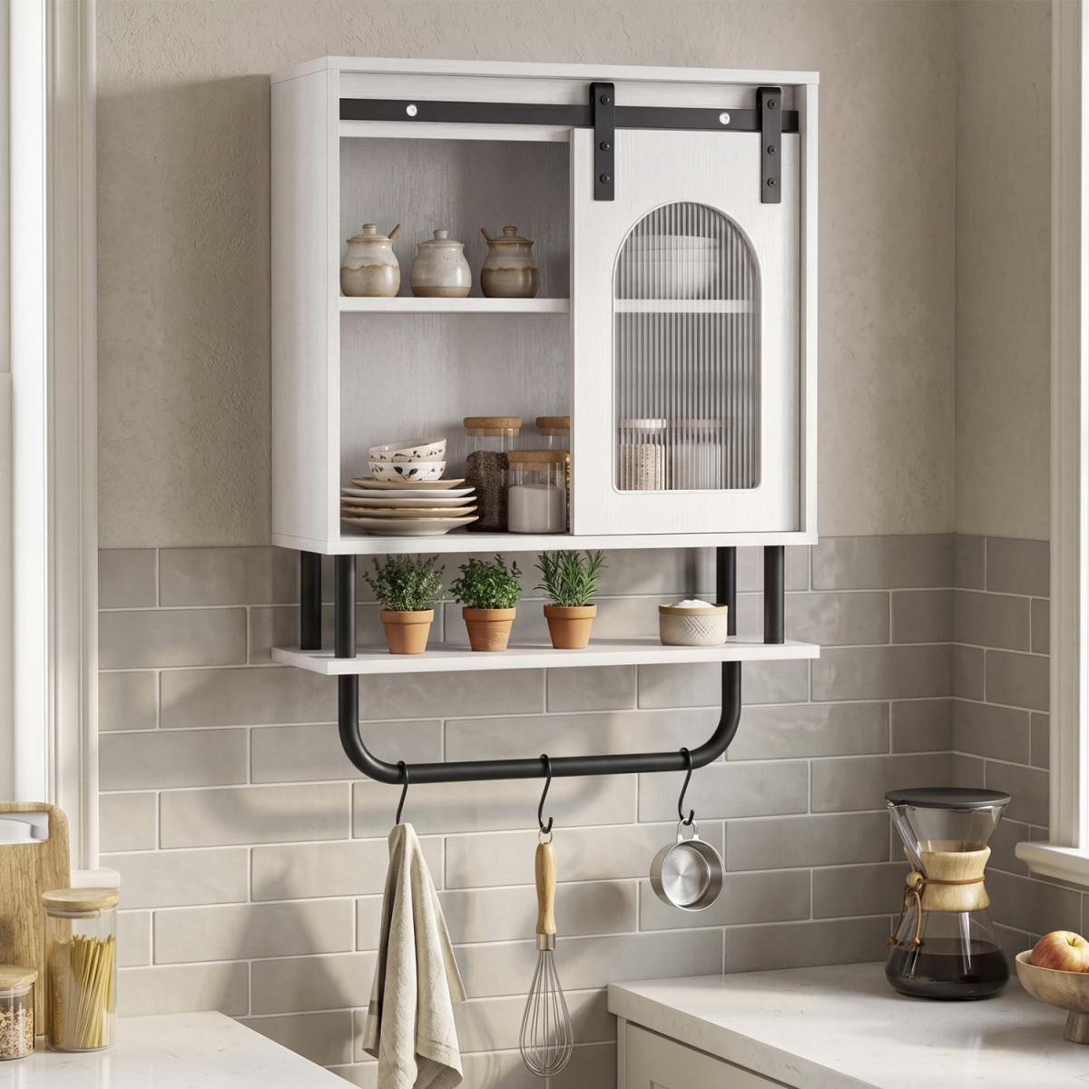 JV13419WH Bathroom Wall Cabinet with Sliding Barn Door & Metal Hanging Bar with 3 Hooks - White