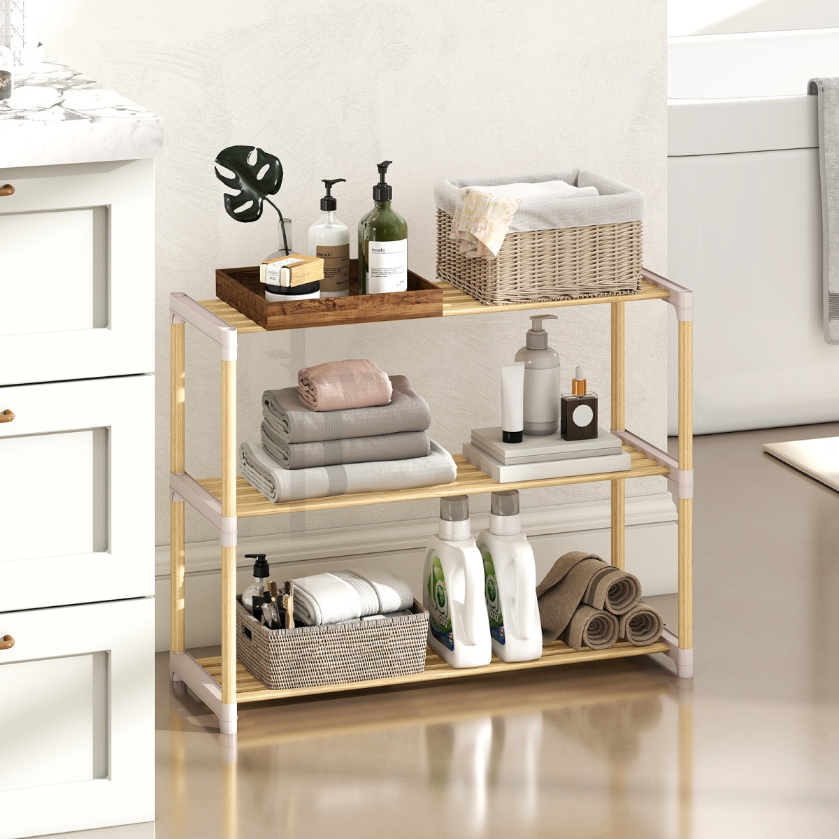 JV13430GR Solid Wood Shoe Rack with Slatted Open Shelves - Natural & Gray - 3 Tier