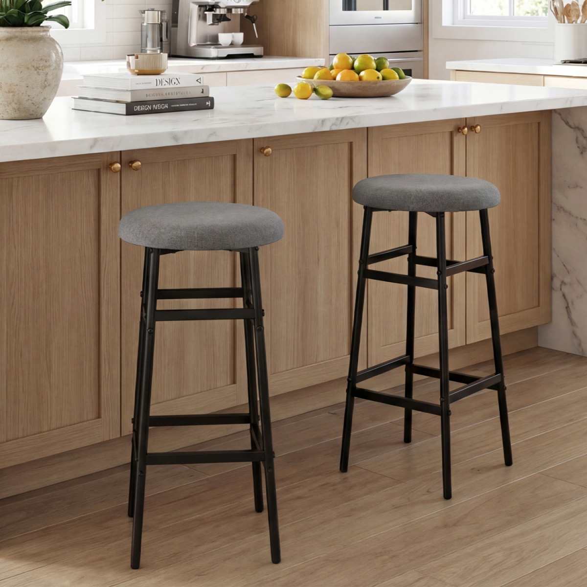 JV13445GR-2 Bar Stools with Sturdy Metal Frame & Footrest - Gray - Set of 2