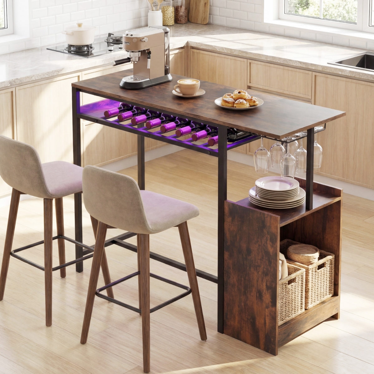 JV13524US-CF Rectangular Bar Table with Charging Station & LED Light - Rustic Brown