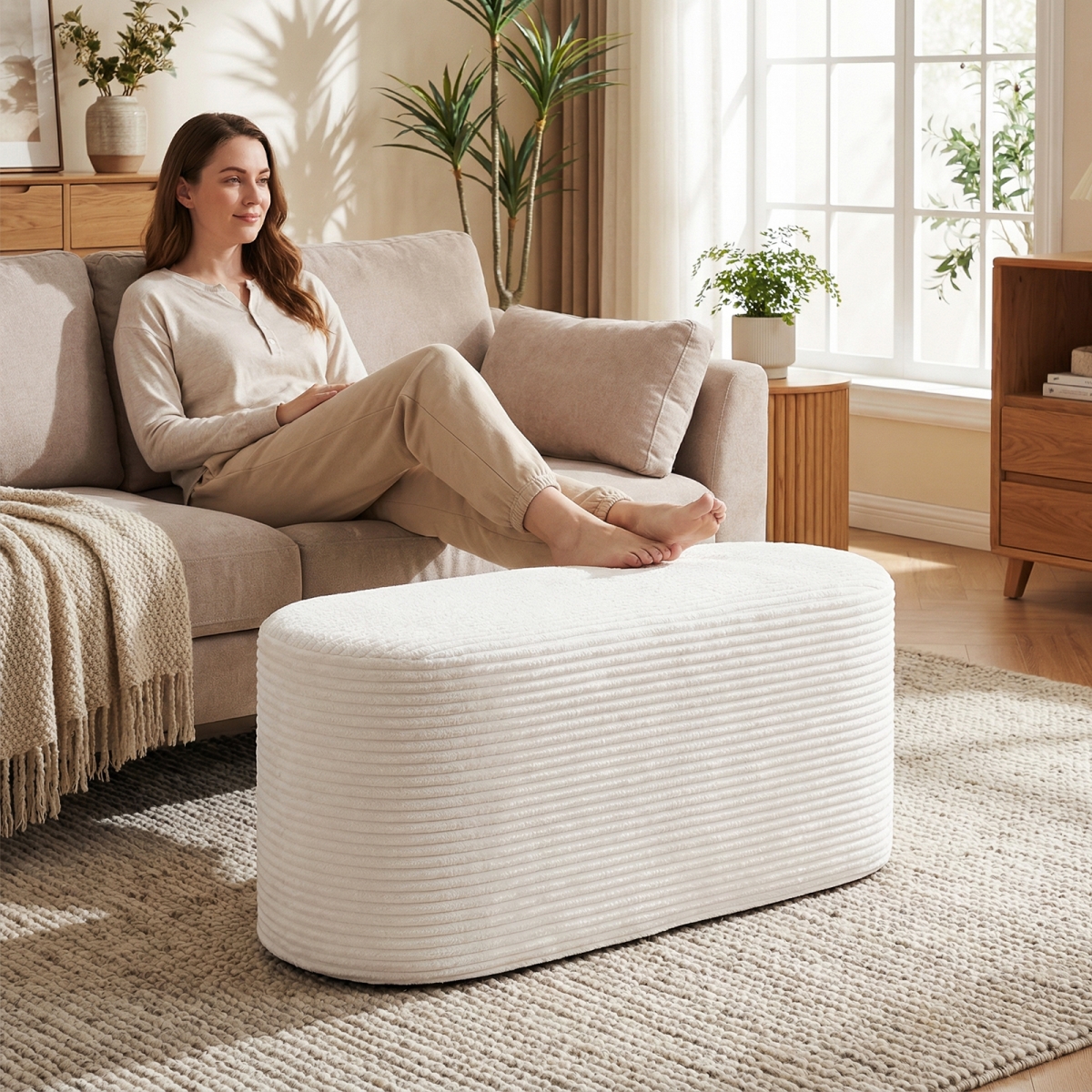 JV13588WH Upholstered Ottoman Bench with High-Density Sponge - Beige