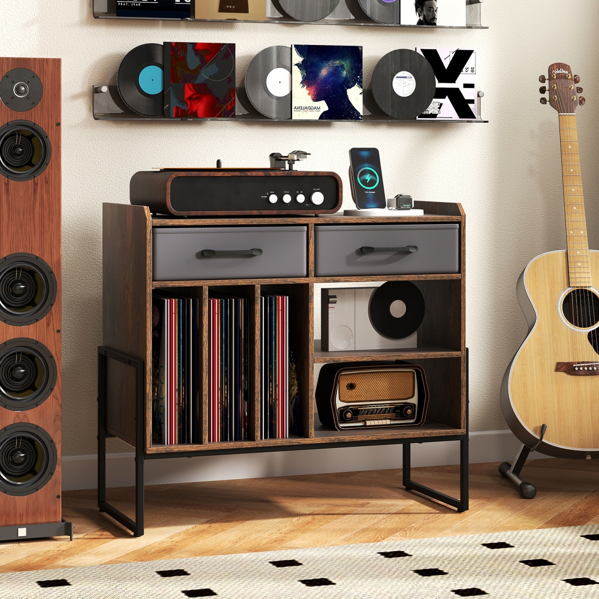 JV13721US-CF Large Record Player Stand with Charging Station Mid Century Modern Vinyl Storage Cabinet - Rustic Brown