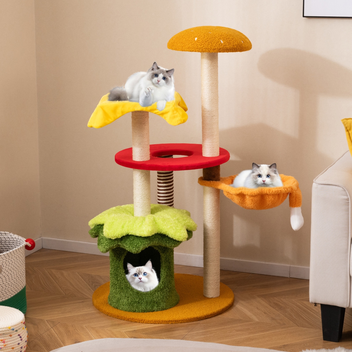 PV10394YW 46 in. Tall Cat Tree Multi-Level with Padded Perch & Hanging Basket Bed - Yellow