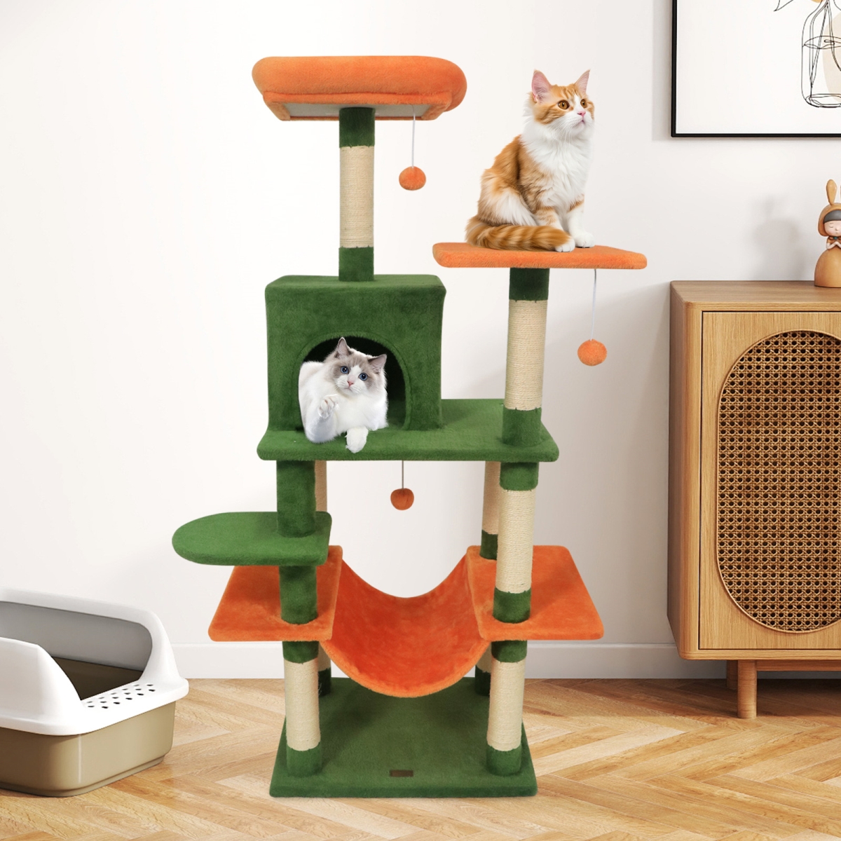 PV10471LV 58 in. Multi-Level Cat Tree Soft Plush Cat Tower with Padded Top Perch - Green