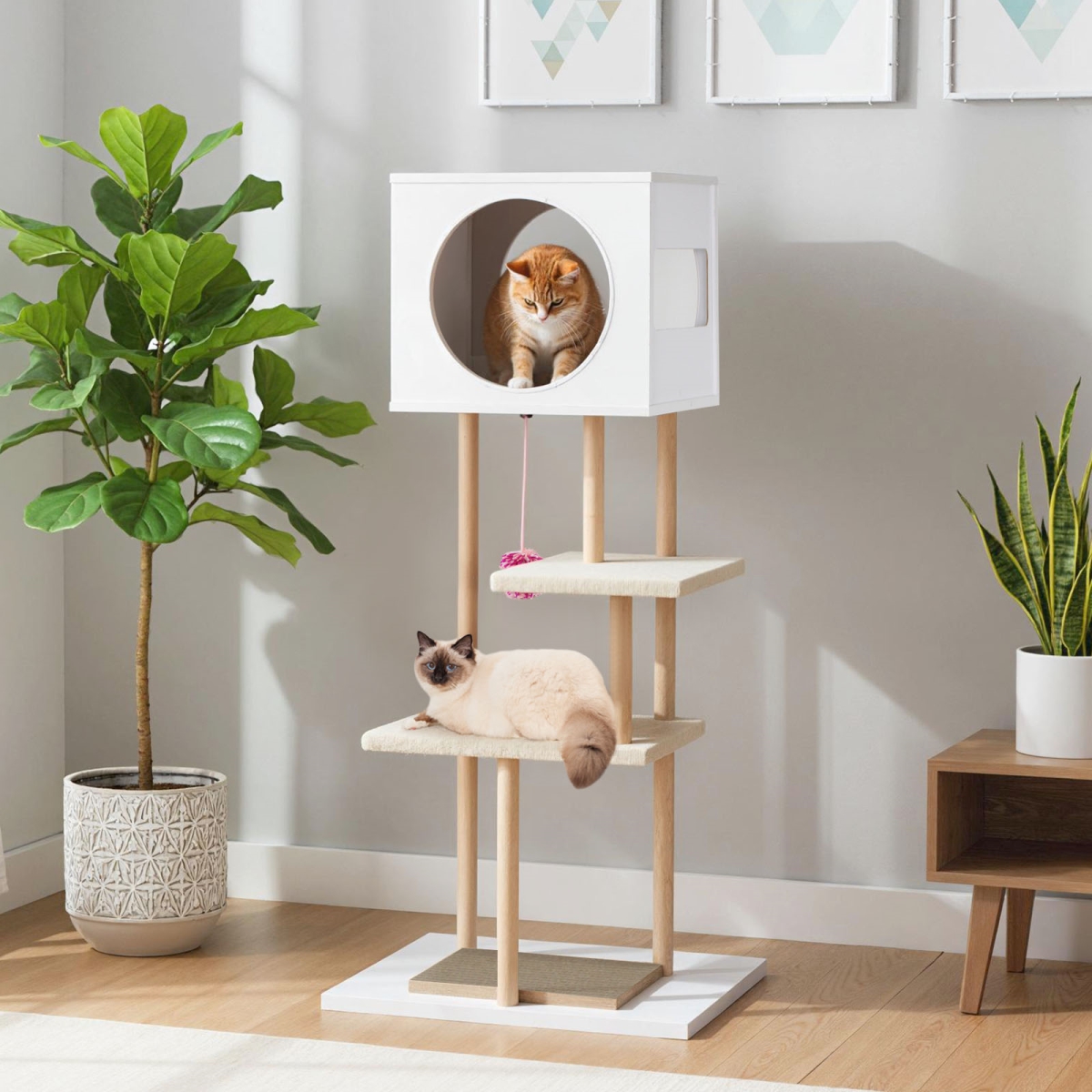 PV10519WH Tall Wood Cat Tower with 2 Corrugated Cardboard - White