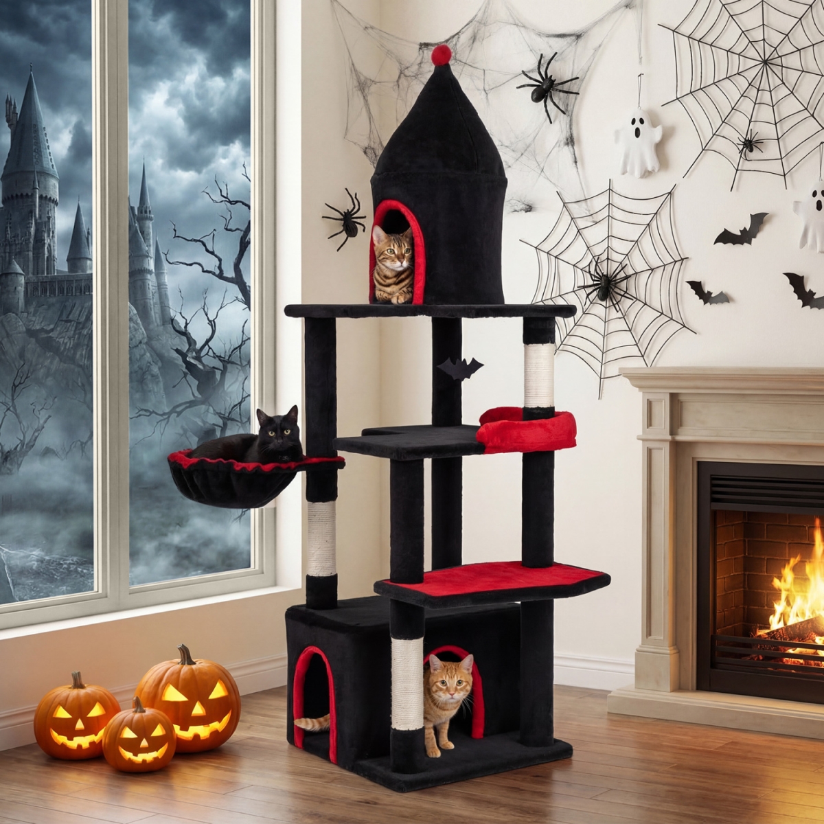 PV10576BK 63 in. Gothic Cat Tree with Condo & Top Cave for Large Cats 20 & Up lbs - Black