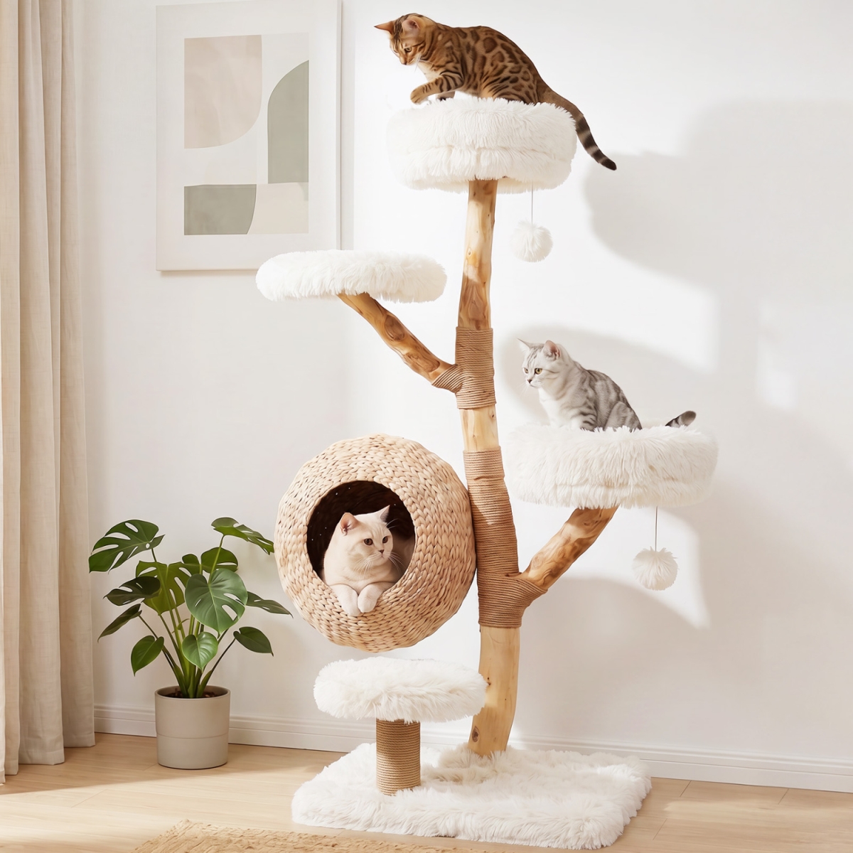 PV10597WH 5-Tier Wooden Cat Tree with Woven Condo Plush Perches Jute Posts & Balls - White
