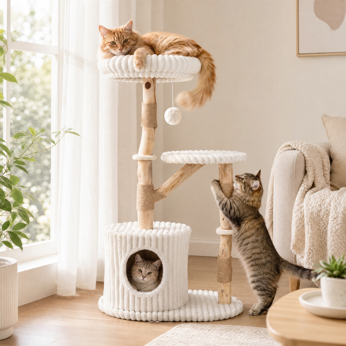 PV10608BE Solid Wood Cat Tree 41 in. with Real Branches & Scratching Posts & Cozy Bed - Beige