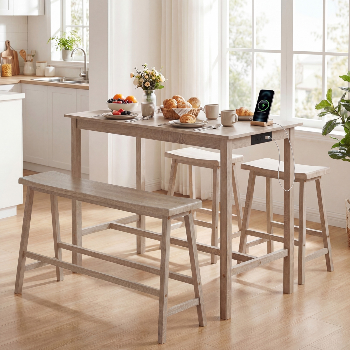 JV13795LG Counter Height Dining Table Set with Power Outlet Solid Rubber Wood Kitchen Table - Light Gray - 4 Piece