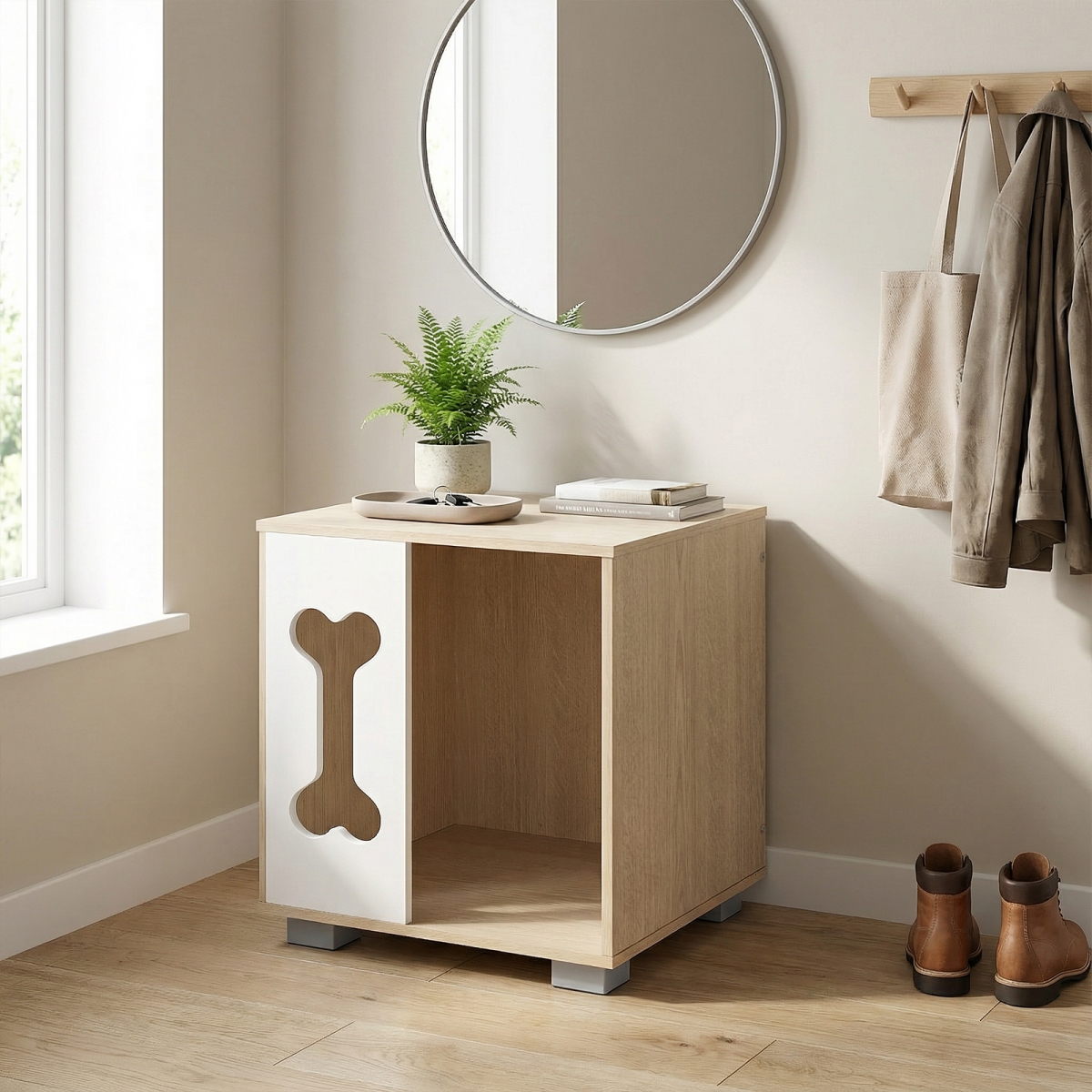 JV13839OK Cat Bed Side Table Wooden Cat Condo with Bone-Shape Window & Thick Metal Legs - Natural