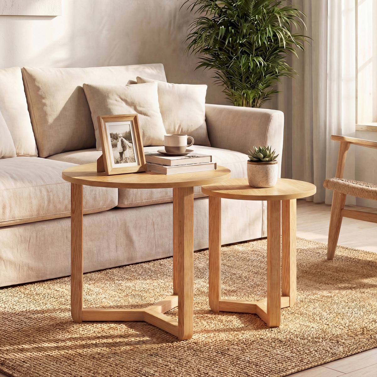 JV13877NA Round Nesting Coffee Table Wood Nesting End Tables with Thickened Top - Natural - Set of 2