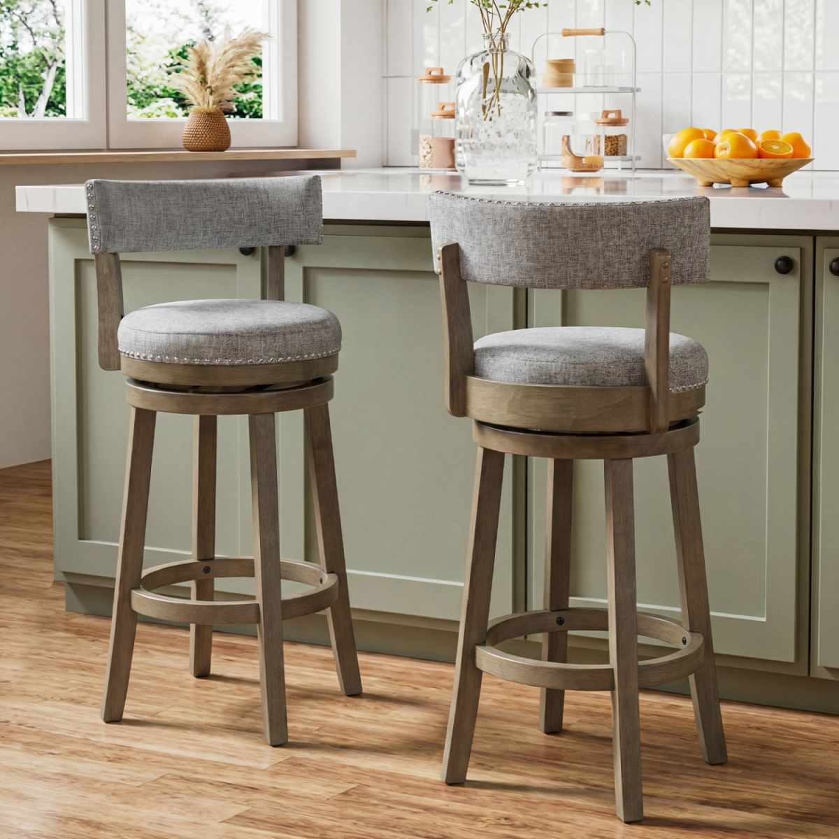 JV13954GR-29 Swivel Bar Stools Linen Fabric Upholstered Barstools with Back - 31.5 in. - Set of 2