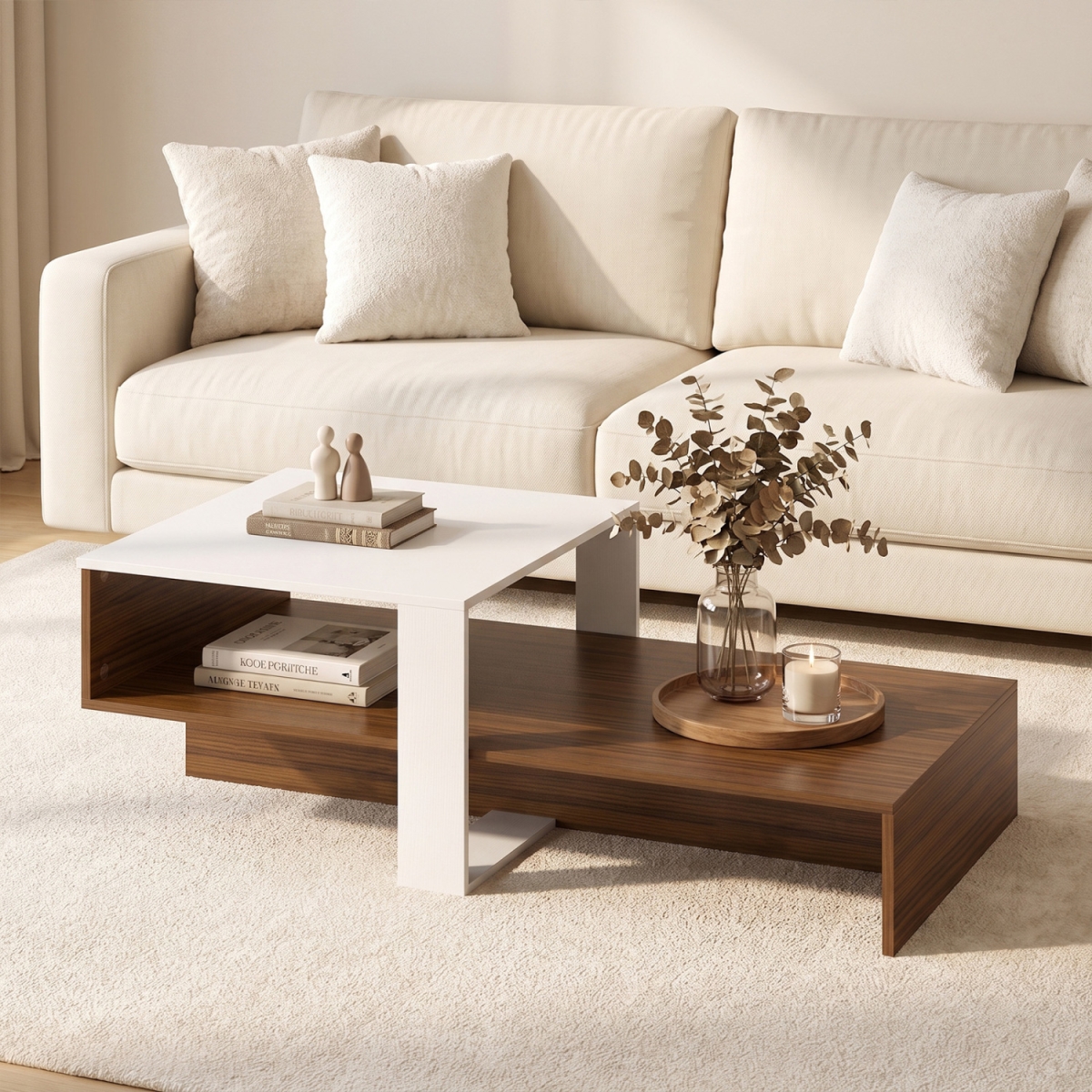 JV14025BS 2-Tier Coffee Table Modern Irregular Center Table with Open Storage Shelf - White & Brown