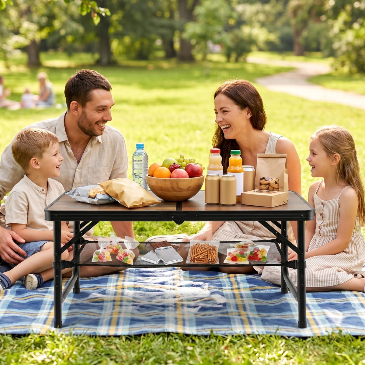 NP13519CF Folding Camping Table with Adjustable Heights Storage Net & Handle - Black & Brown