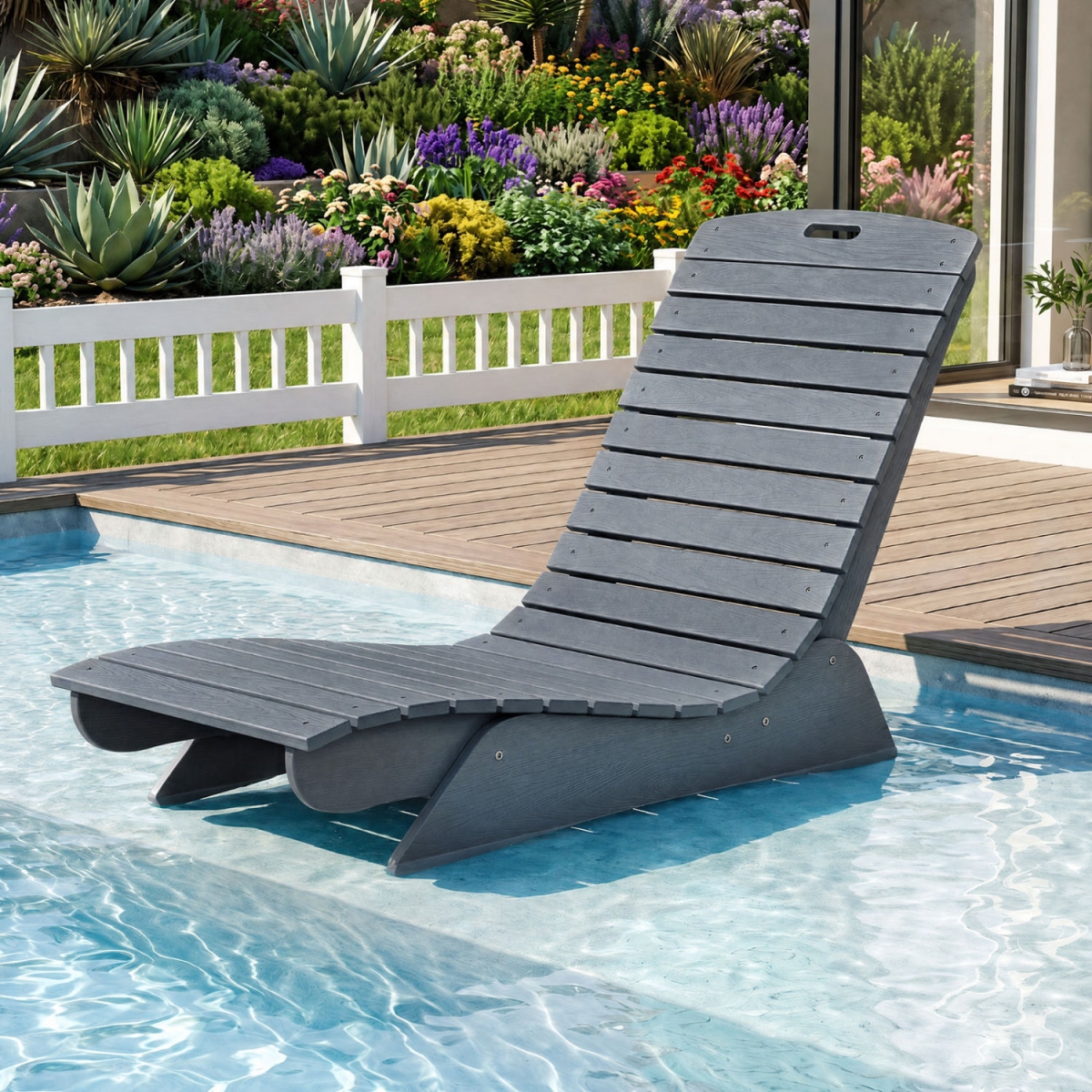 NP13553GR Fade-Resistant Outdoor Lounger with Contoured Shape for Deck Poolside - Dark Gray