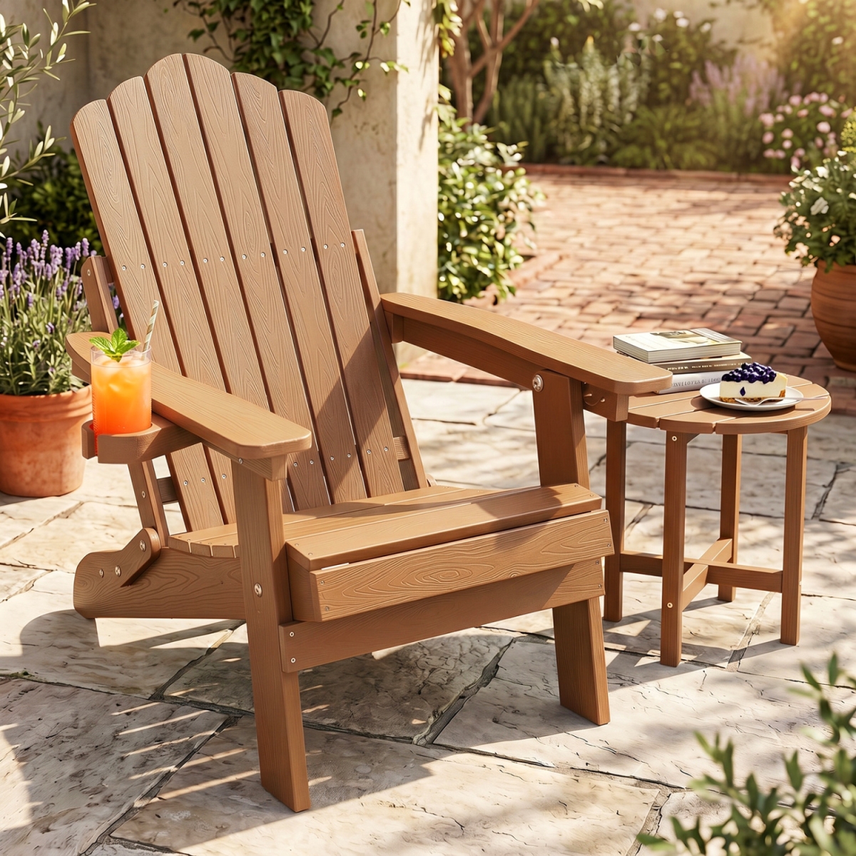 NP13571CF Outdoor Folding Adirondack Chair with Cup Holder & 5-Level Backrest - Coffee