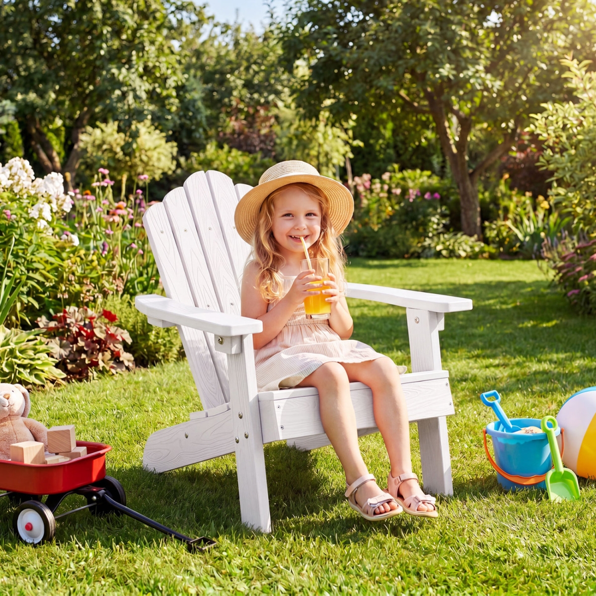 NP13592WH-1 Kids Adirondack All-Weather Outdoor Chair for Children with Tilted High Backrest - White