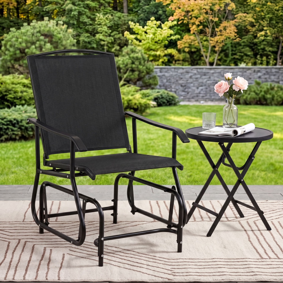 NP13769DK Outdoor Glider Chair with Metal Frame & Armrests - Black