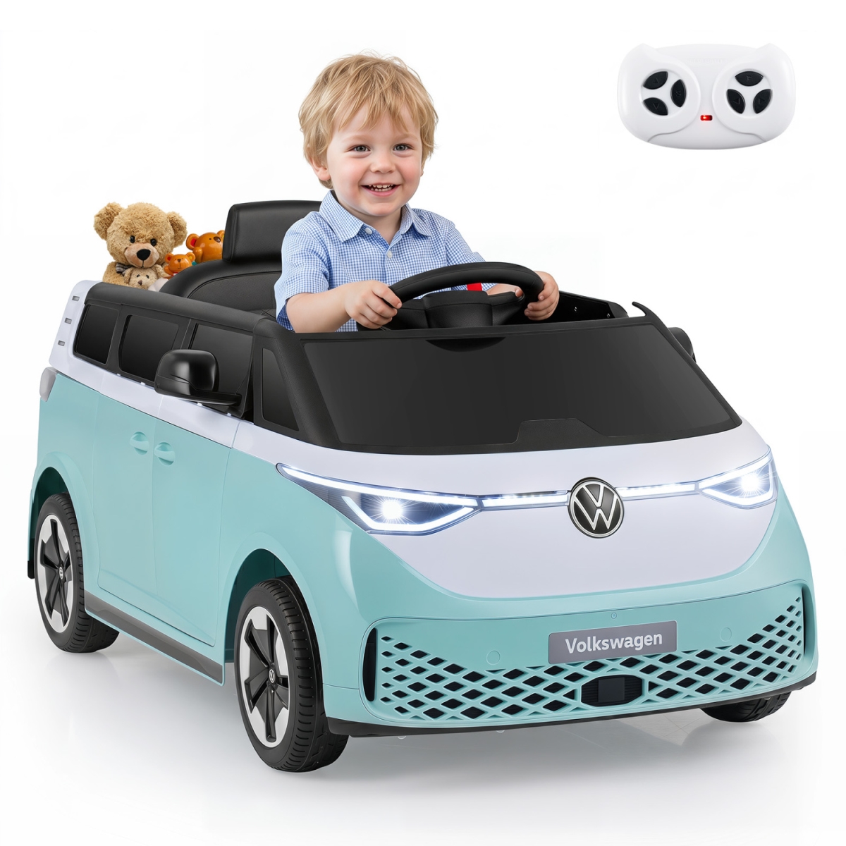 TQ10536US-LB 12V Kids Electric Car Bus with Music & LED Headlights Licensed Volkswagen - Light Blue