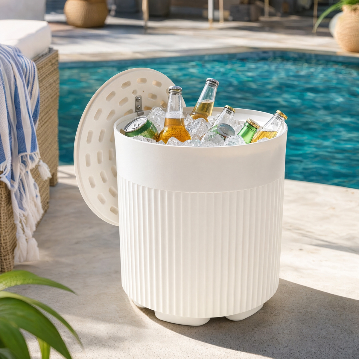 NP13791WH 3-in-1 Outdoor Cooler Side Table with Fluted Design for Deck - White