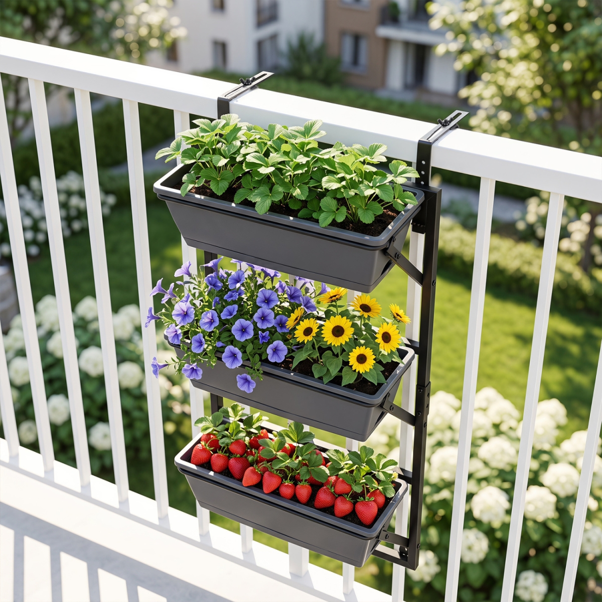 NP13844TD-DK Deck Railing Planter Boxes with Adjustable Brackets & 3-Tier Design for Porch Patio - Black