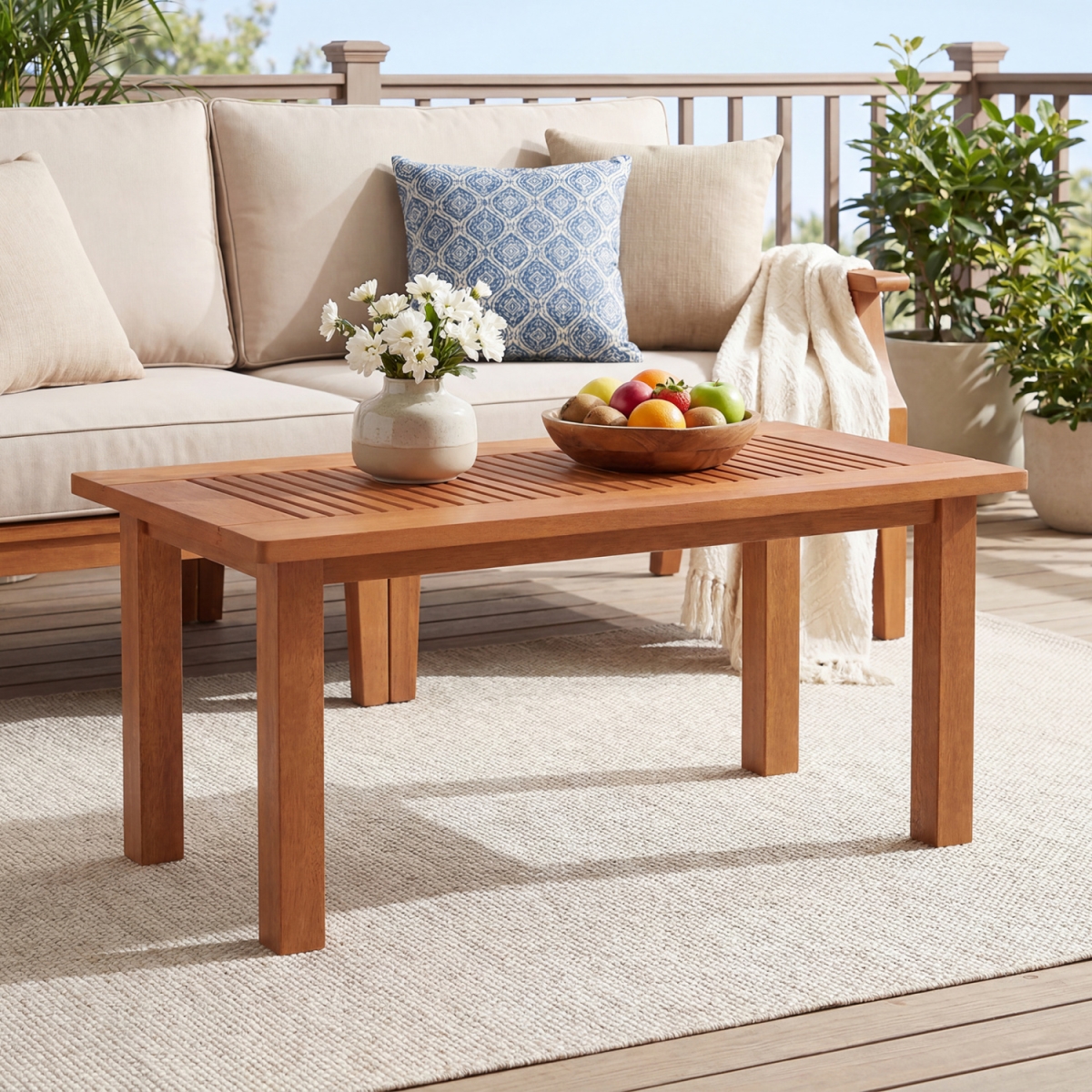 NP13847 35.5 in. Outdoor Modern Rectangular Coffee Table with Slatted Top for Backyard