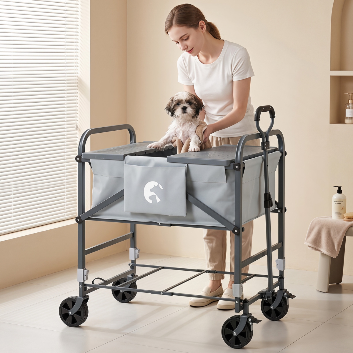 PW10183GR Foldable Dog Bath Cart with Adjustable Height & 4 Wheels for Pets - Gray