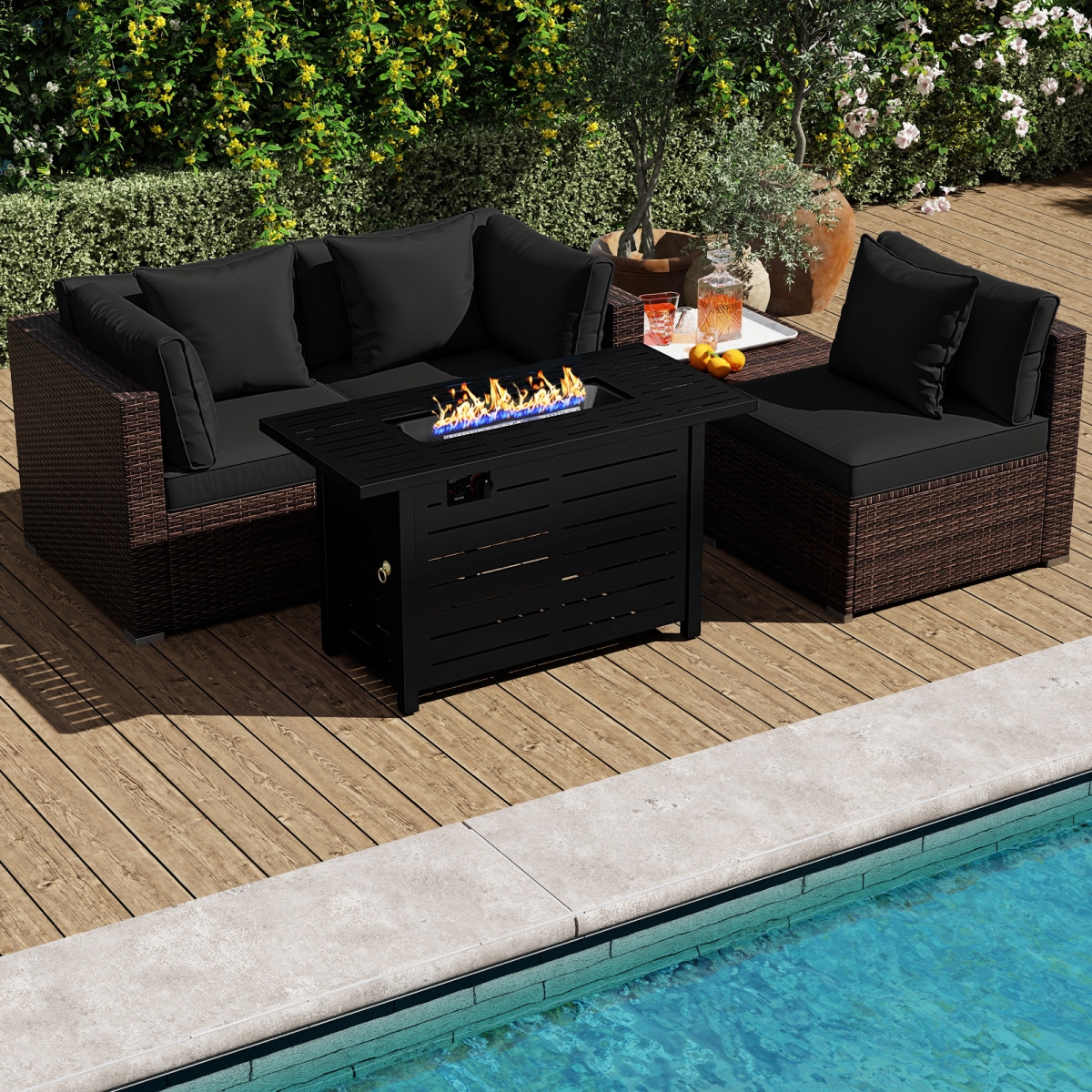 OP70370-HW66750ADK- Heavy-Duty Frame Rattan Sofa Set with 60000 BTU Firepit Table - Black