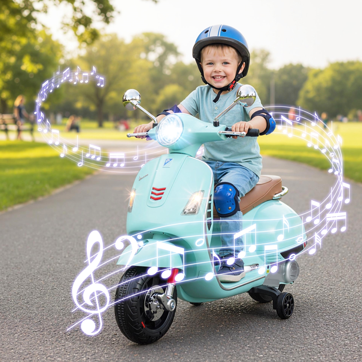 TQ10466US-GN 12V Kids Electric Motorcycle Licensed VESPA with Music & Training Wheels - Green