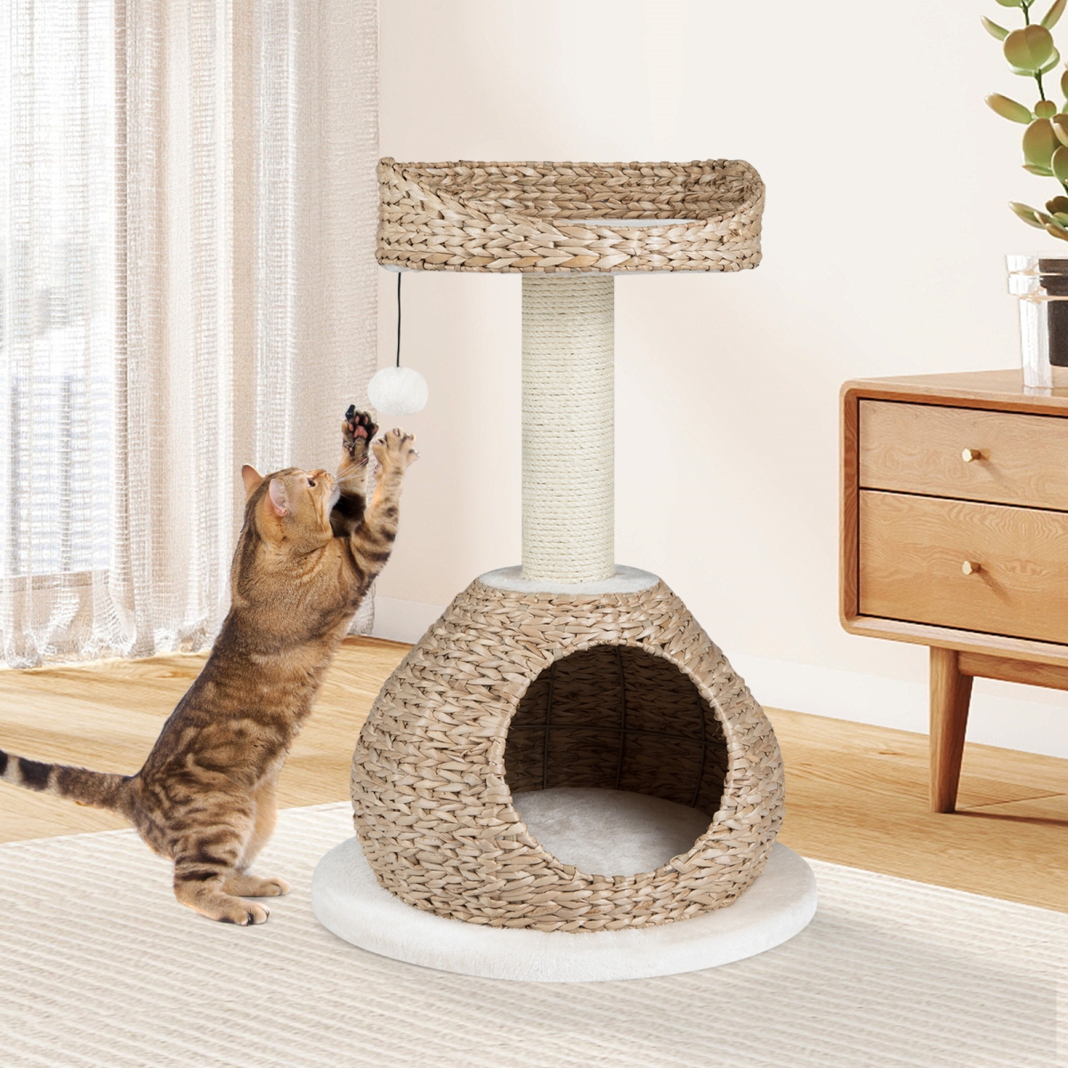 PS7474WH 28 in. Hand-Made Cat Tree Tower with Jump Platform - White