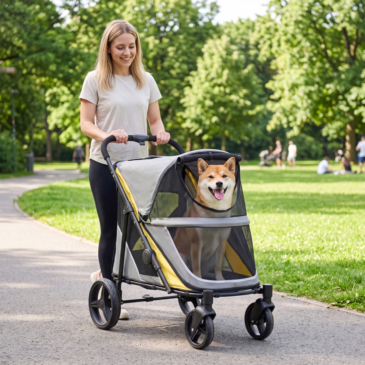 PU10144YW 220 lbs Heavy Duty Dog Stroller for Large & Medium Dogs with One-Step Foot Brake & Top & Front Windows - Yellow