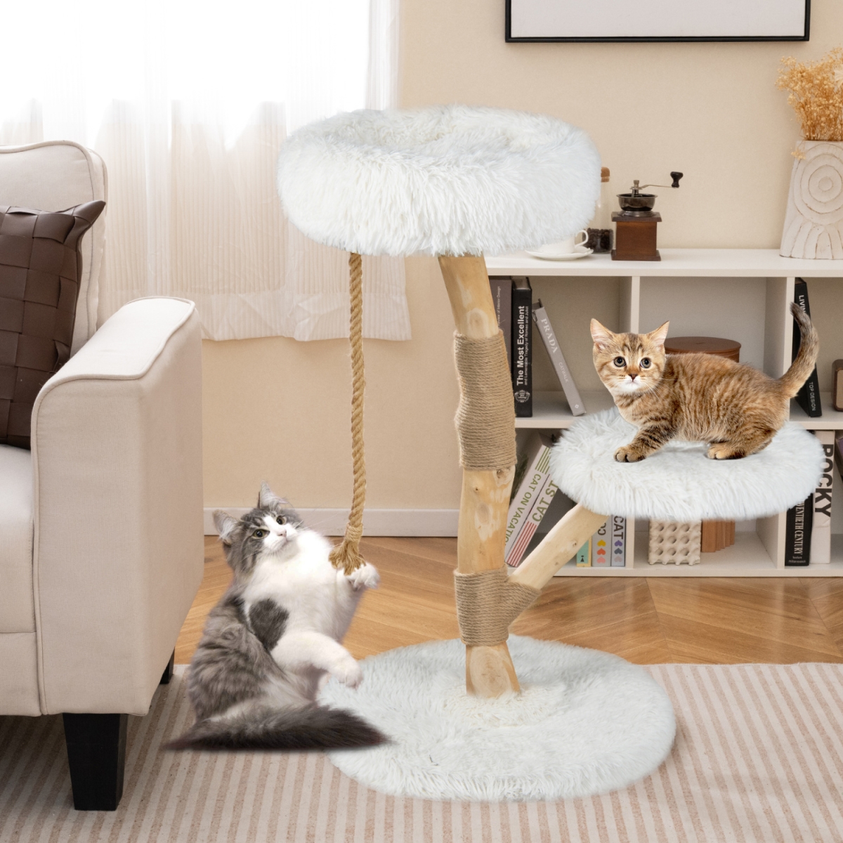 PV10274WH Modern Wooden Cat Tree Tower with Perch & Natural Jute Scratching Posts - White