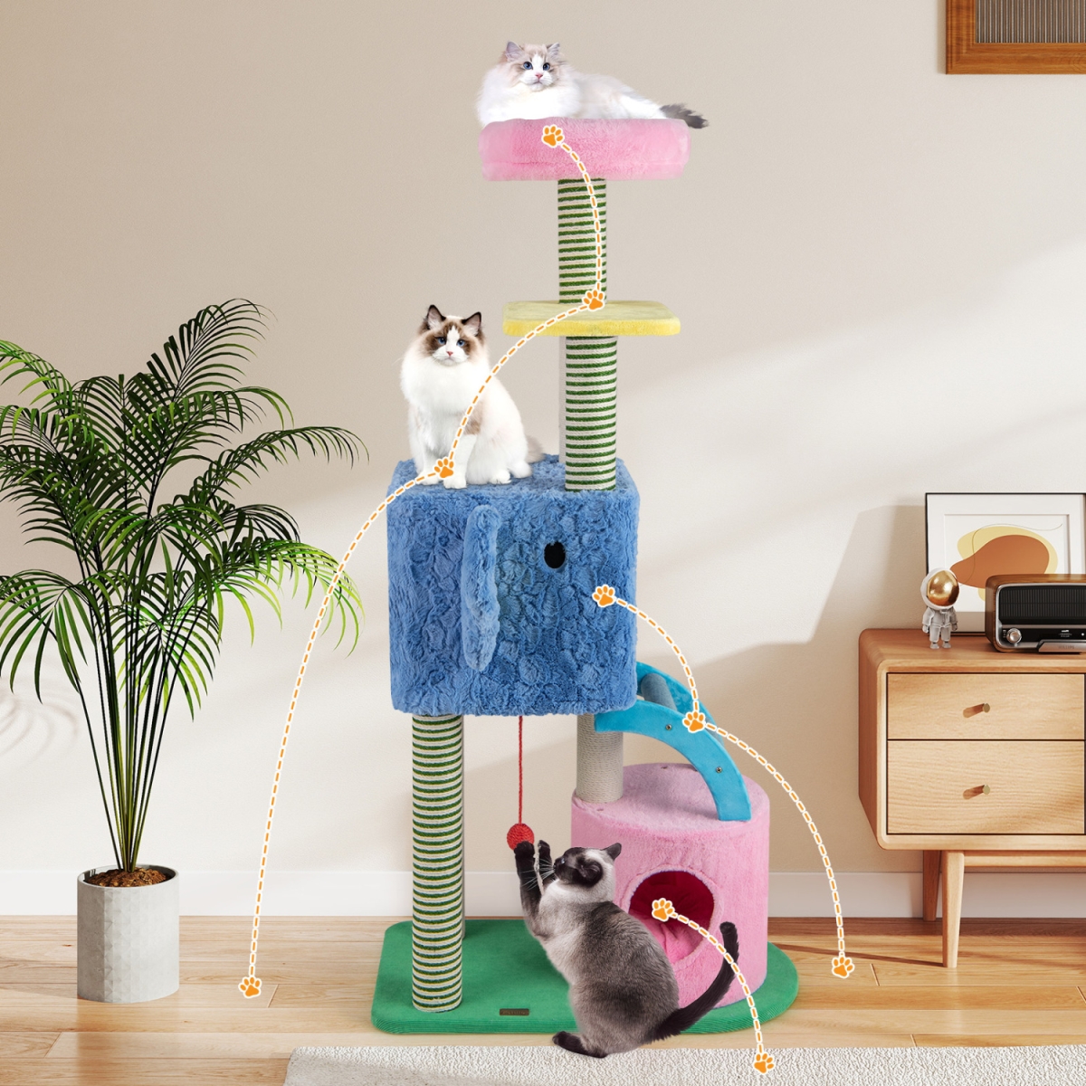 PV10381BL Elephant Themed Cat Tree for Adult Cats Multi-Level Kitty Tower with 2 Condos - Blue