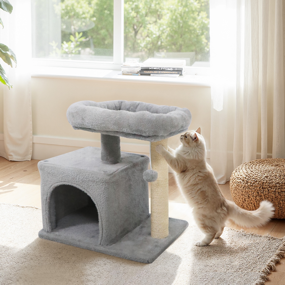 PV10475HS Small Cat Tree with Large Padded Plush Perch for Indoor Cats - Light Gray