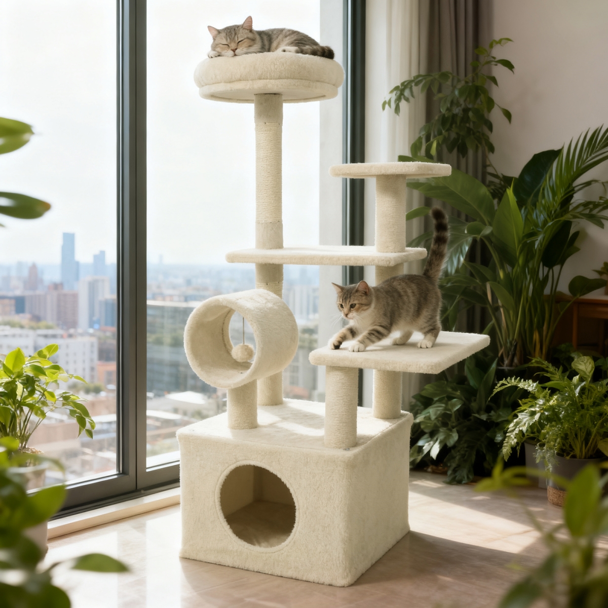 PV10481BE 48 in. Tall Cat Tree Multi-Level Kitten Tower with Large Condo Padded Top Perch - Beige