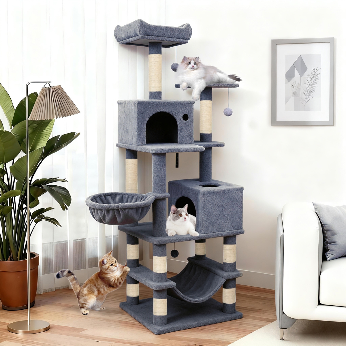 PV10485GR 66 in. Tall Cat Tree Multi-Level Cat Tower with 2 Condos Sisal Scratching Posts - Dark Gray