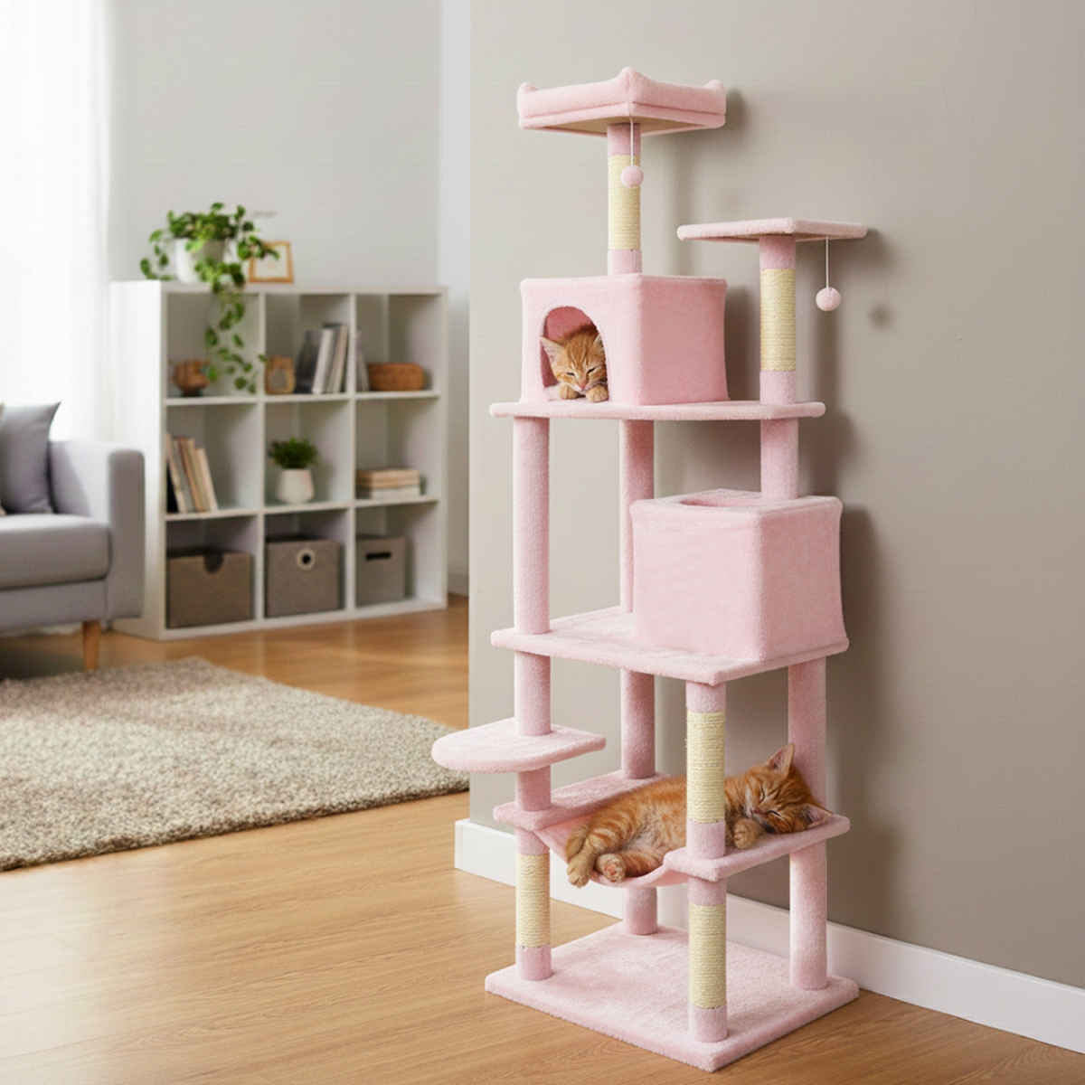 PV10487PI Multi-Level Cat Tree Modern Cat Tower with Upholstered Perch & 2 Cat Condo - Pink