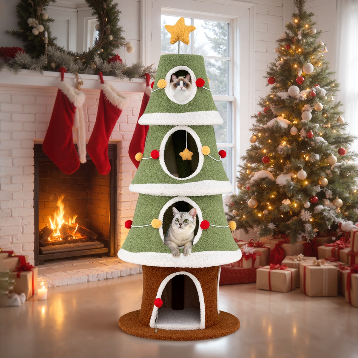 PV10505GN Large Christmas Cat Tree for Indoor Cats 61 in. Cute Cat Tower with 4 Condos - Green