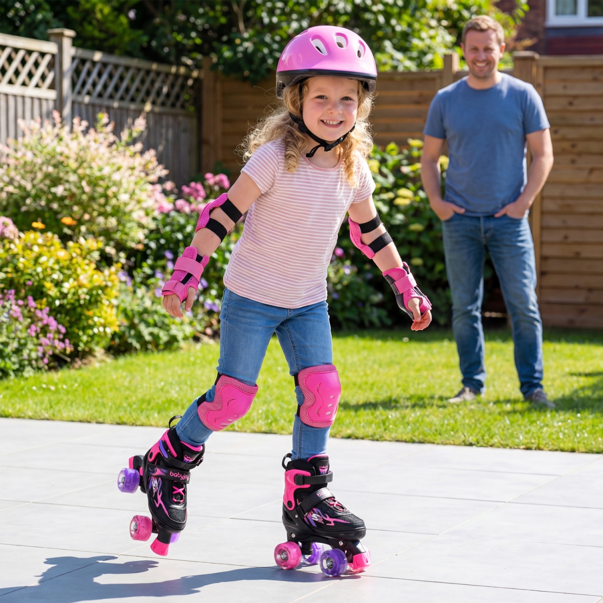 TS10375PI Kids Roller Skates for Girls Boys 4 Sizes Adjustable Quad Skates with Light-Up Wheels - Pink
