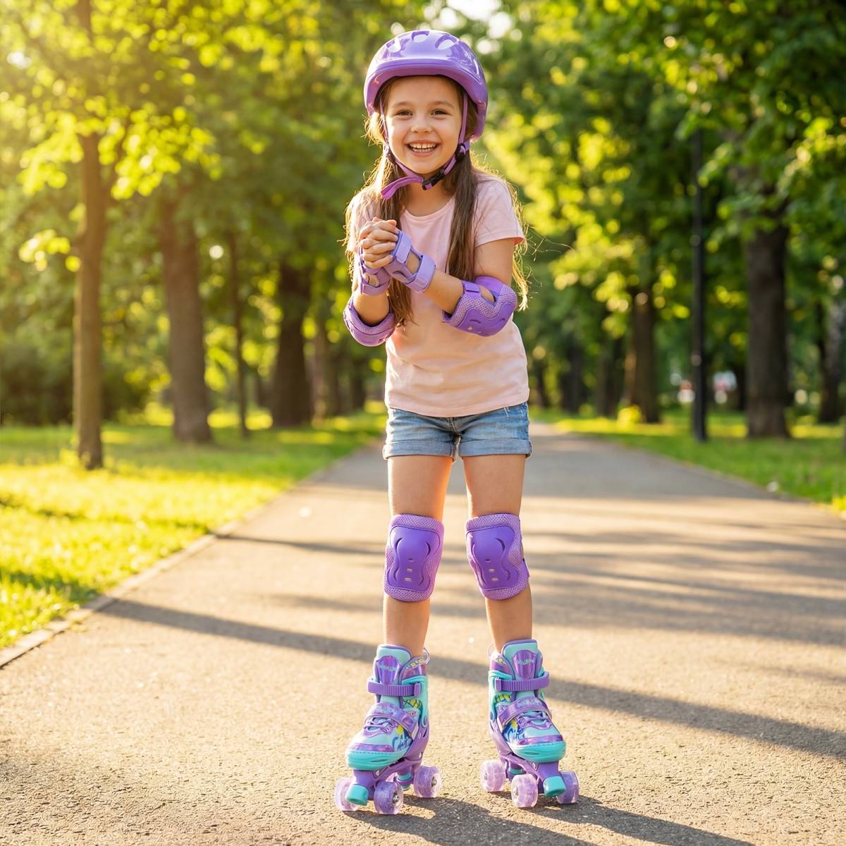TS10392PU 4 Sizes Adjustable Kids Roller Skates with Light-Up Wheels & Safety Protection M Size - Purple
