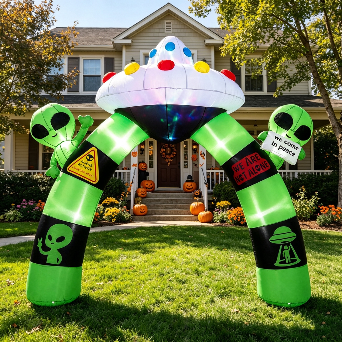 TT10047US 9.8 ft. Alien Halloween Inflatable Archway with Lights Outdoor Lighted Blow Up Arch Decoration - Green