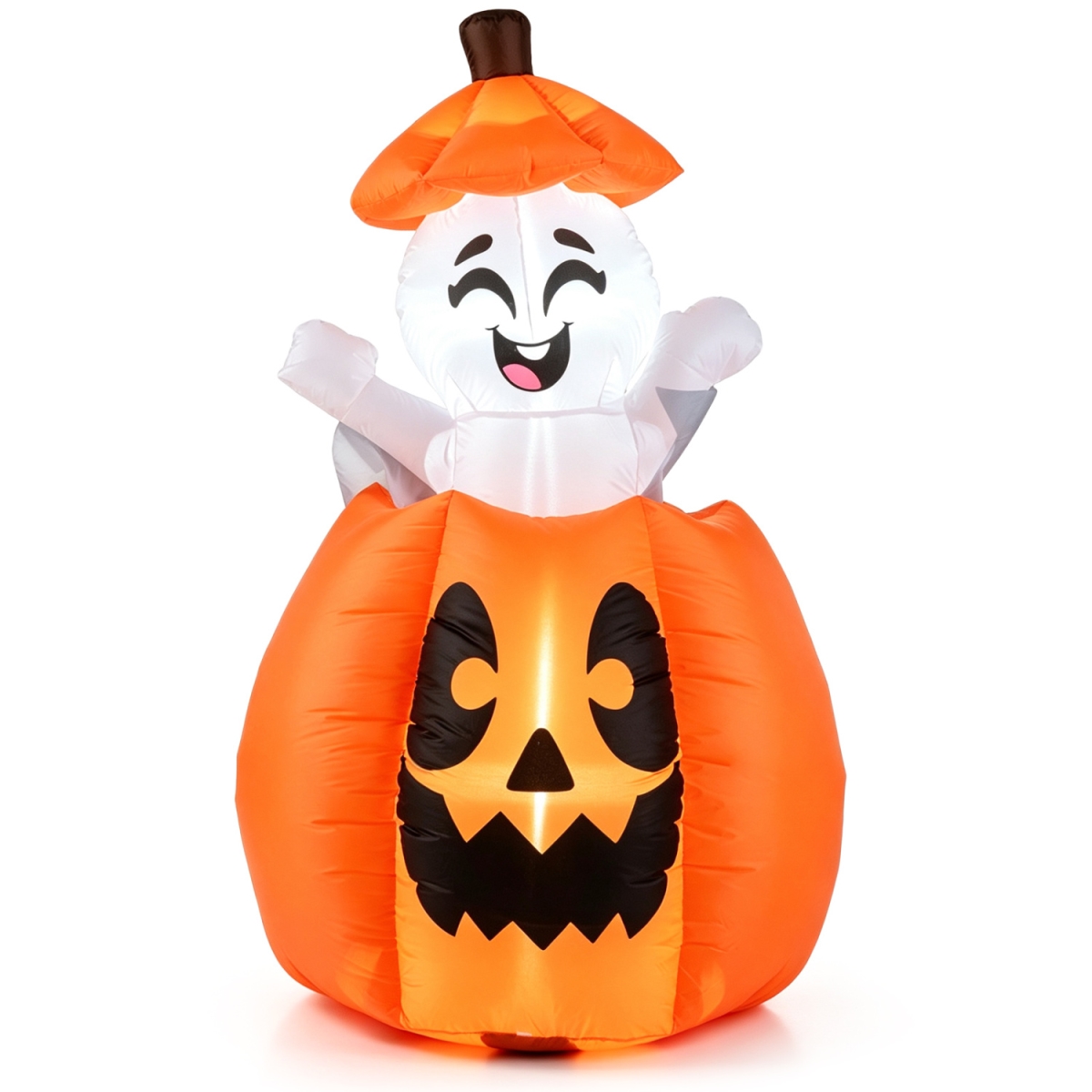 TT10048US 5 ft. Animated Halloween Inflatable Pumpkin & Rising Ghost for Holiday Decor - Orange & White