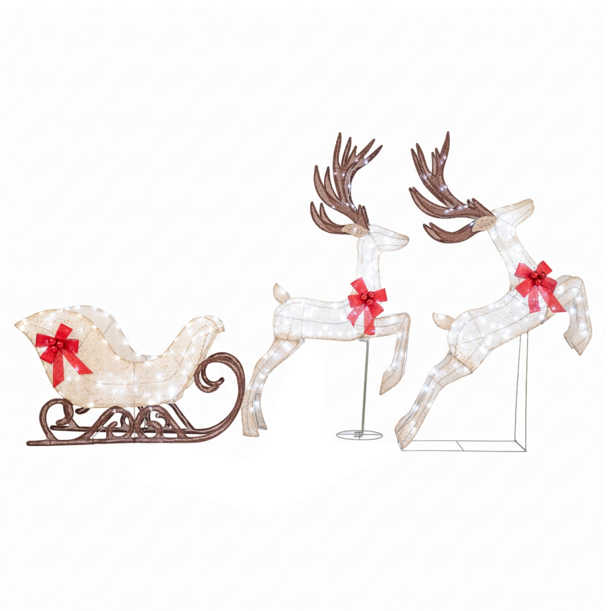 CM25115US-BE Christmas Lighted Reindeer & Sleigh Set for Lawn - White - 3 Piece