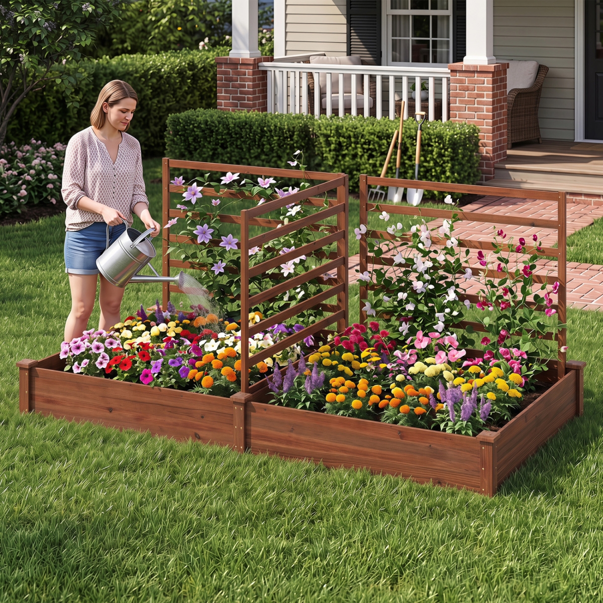 GT4322CF Raised Garden Bed with 2 Planter Boxes & 3 Trellis - Brown