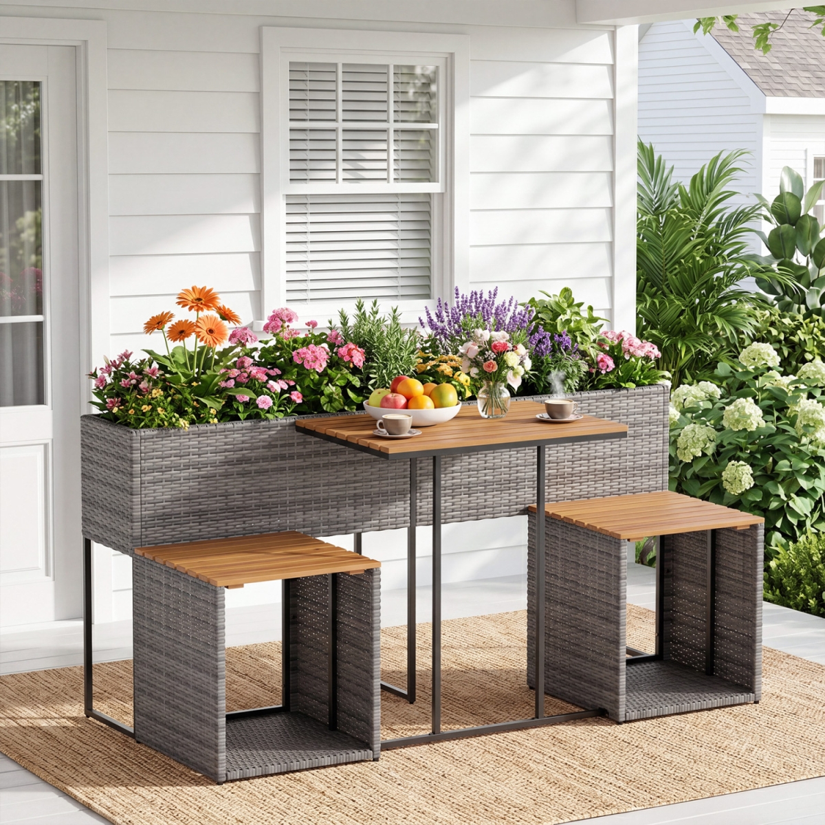 HW74046GR Planter Table & Chairs Set with Bottom Storage Shelf - Gray