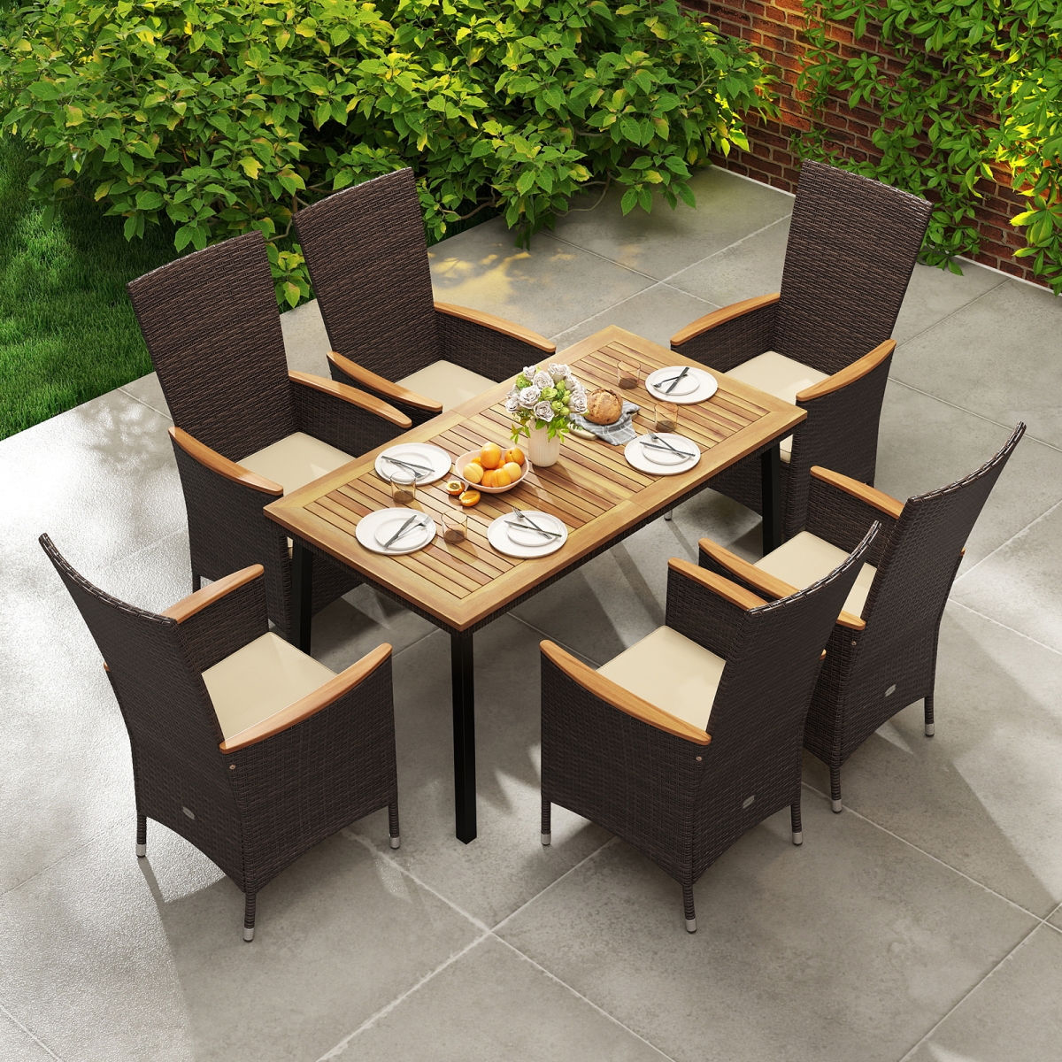 HW74930BN-2-HW74930BN-4-OP70691 Outdoor Dining Set for 6 Patio Wicker Armchairs & Acacia Wood Table