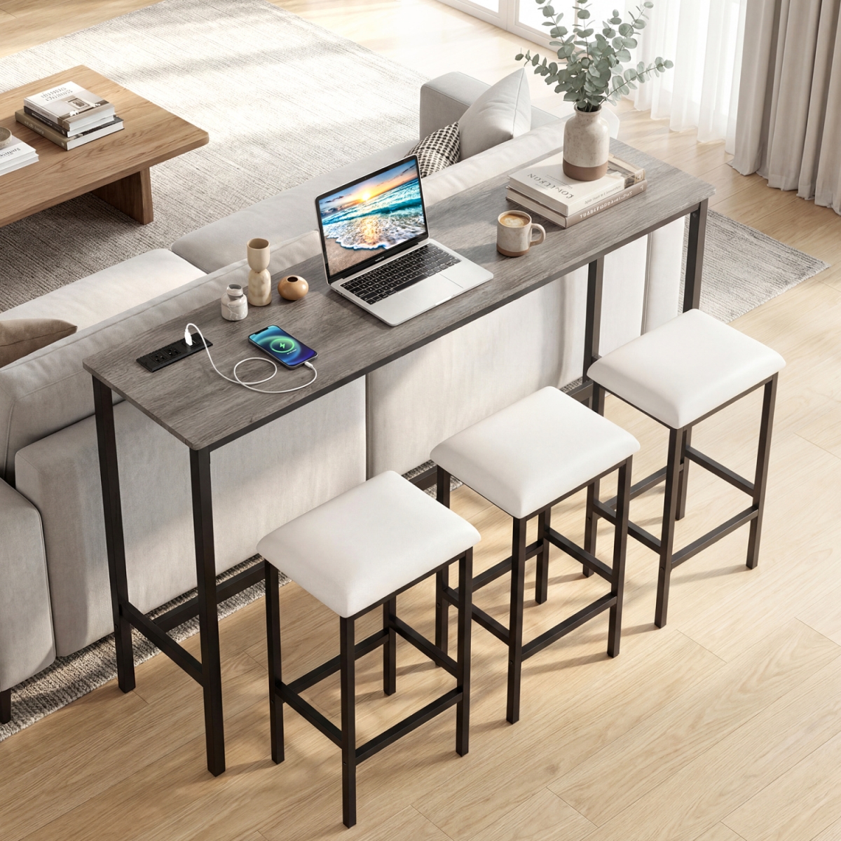 HW75193GR Counter Height Bar Table with Power Outlet with 3 Padded Stools - Gray - 4 Piece