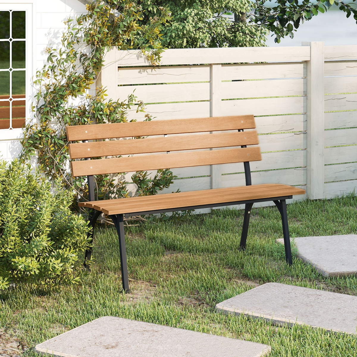 HW75257 47 in. Outdoor Acacia Wood Bench with Metal Frame & Slatted Seat - Natural & Black