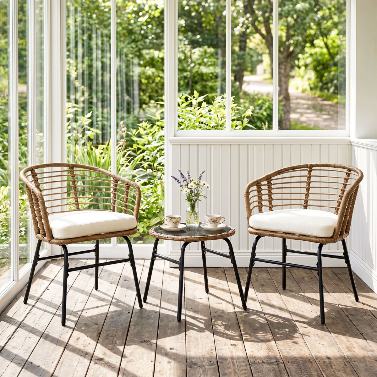 HW75438WH Outdoor Patio Furniture Set with Soft Cushions - White - 3 Piece
