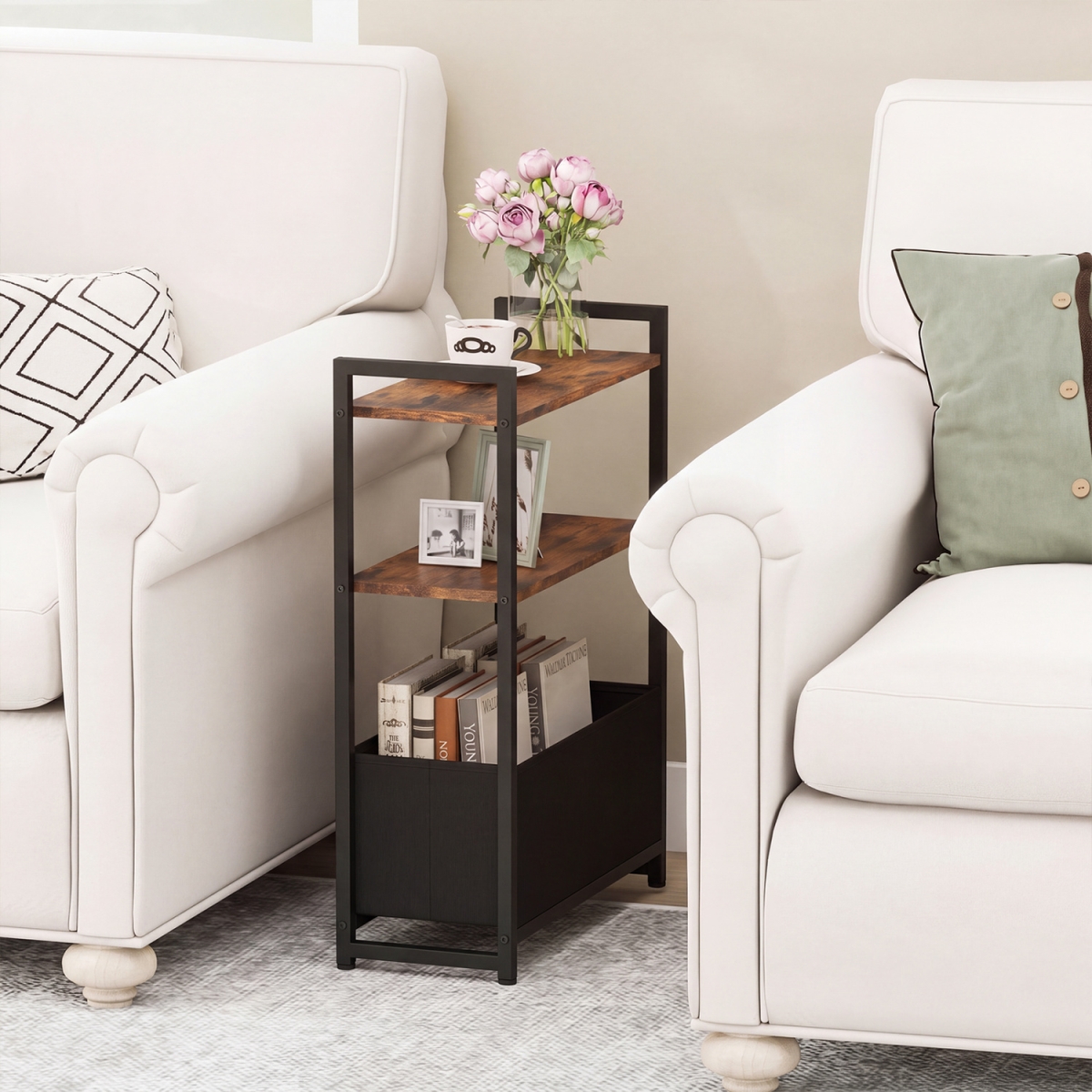 HW76085CF Narrow End Table with Storage Shelves & Metal Frame - Rustic Brown